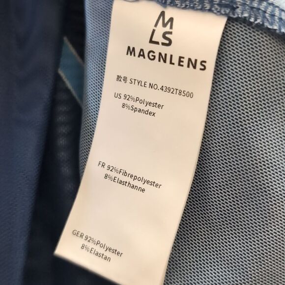 Magnlens navy blue sheer mesh cursive print mock neck top size L  Nwot ECHO - Picture 6 of 6